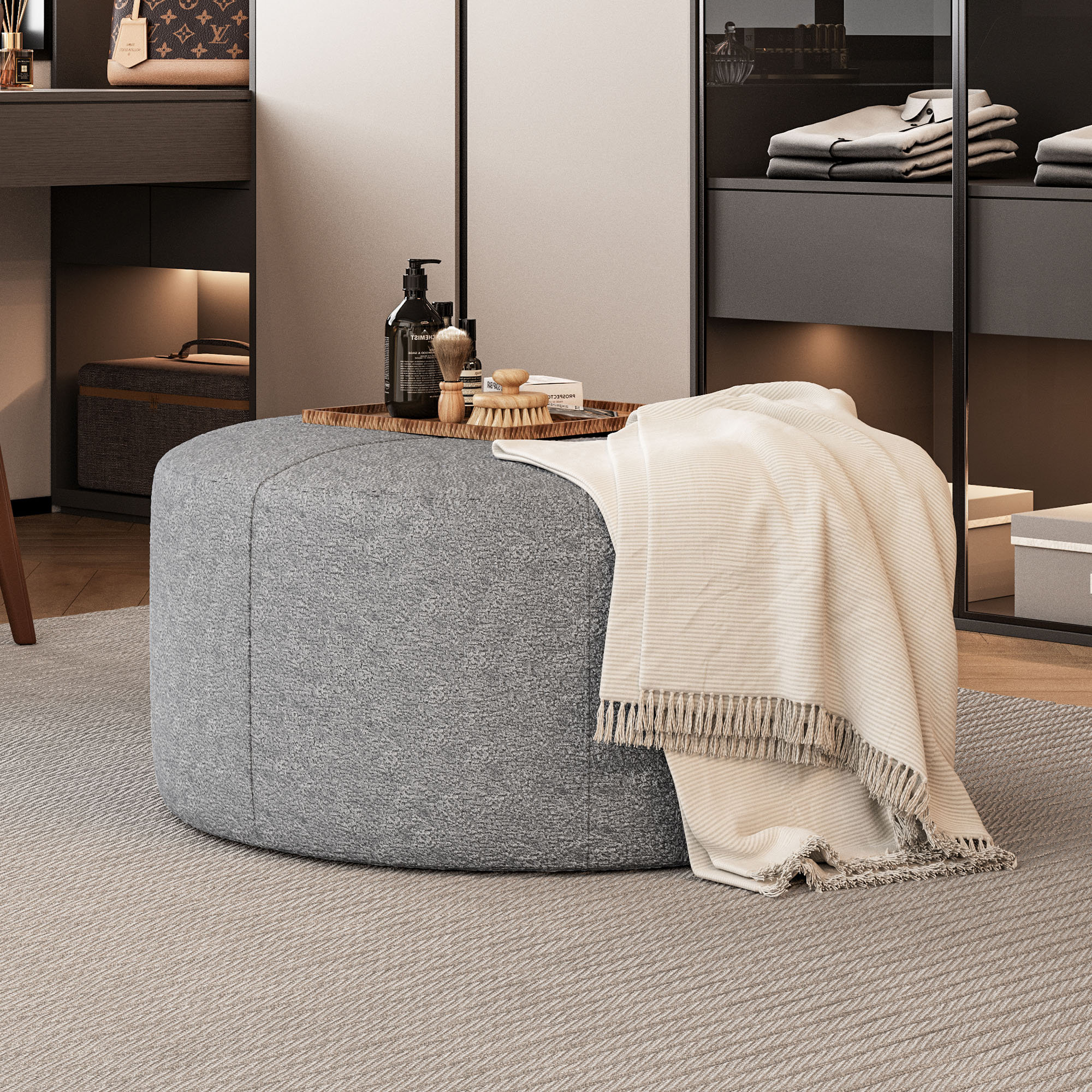 Latitude Run® Chenille Pouf Ottoman, Round Stuffed Foot Stool With Foam ...